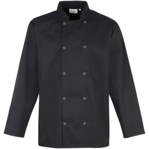 A black studded front chef's jacket with a classic collar and long sleeves, featuring decorative buttons and a logo.