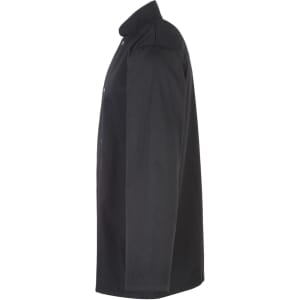 A black chef's jacket featuring a studded front, showcasing a side view with a collar and buttons.