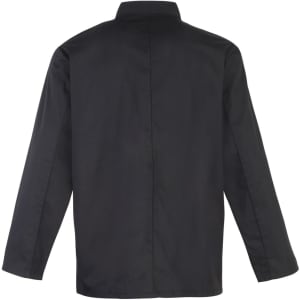 A black chef's jacket with a studded front, featuring a collar and long sleeves. Includes a logo.