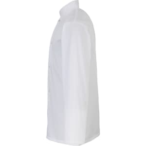 A chef's jacket in white, featuring studded front buttons and a classic collar, shown from the side.