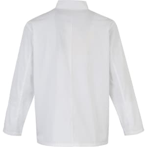 A white chef's jacket with long sleeves, featuring a simple design and a back view. It includes a logo.
