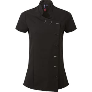 A black spa tunic with a stylish collar and decorative buttons, designed for uniform use in beauty and wellness settings.
