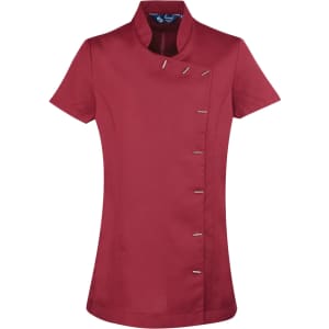 A short red tunic with a stand-up collar and decorative pin detailing, featuring a logo.