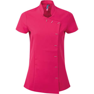 A bright pink tunic with a mandarin collar and decorative fastenings, featuring a logo.