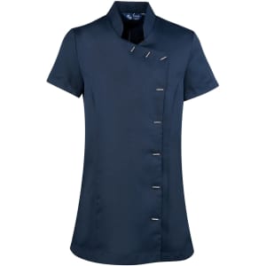 A navy blue tunic with a Mandarin collar and decorative buttons, designed for beauty and spa uniforms.