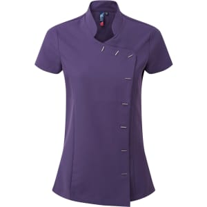 A purple tunic with a mandarin collar and decorative fastenings, designed for beauty and spa uniforms.