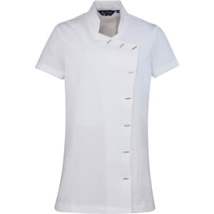 A white short-sleeve tunic with a mandarin collar and decorative buttons, featuring a logo on the neckline.