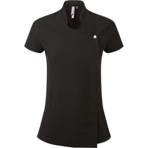 A black tunic with a short, asymmetric design and a single button detail, featuring a logo.