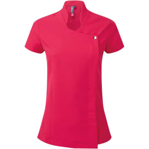 A bright pink tunic with a modern design, featuring a collar and a small logo on the side.