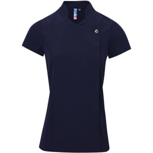 A navy tunic featuring a collar and short sleeves, with a logo on the front.