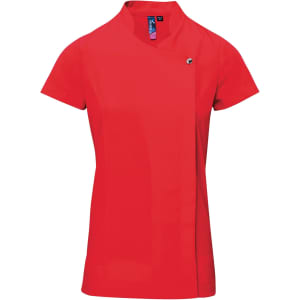 A red beauty and spa tunic featuring a modern design and a logo on the front. Short sleeves and a stylish collar.