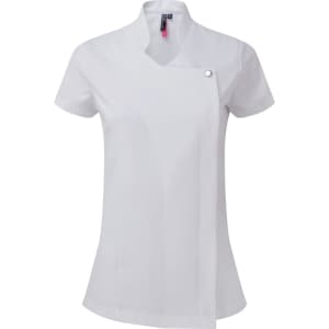 A white beauty and spa tunic featuring a stylish collar and a button detail, designed for professional uniforms.