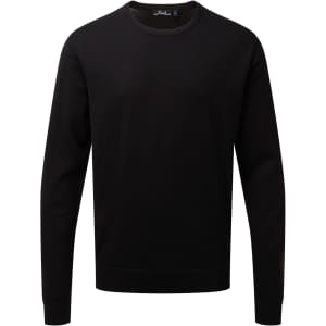 A black crew neck sweater with long sleeves and a ribbed hem, featuring a logo on the neckline.