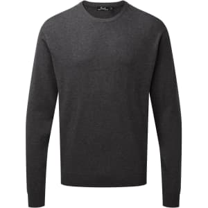 A crew neck sweater in dark grey, featuring long sleeves and a simple design. It has a small logo on the neckline.