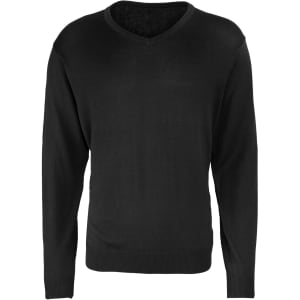 A black V-neck sweater featuring long sleeves and a fitted design. The garment has a subtle logo on it.