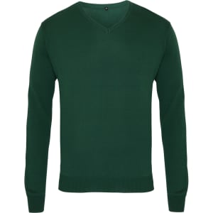 A green V-neck sweater with a fitted design and long sleeves. It features a simple logo on the neck.