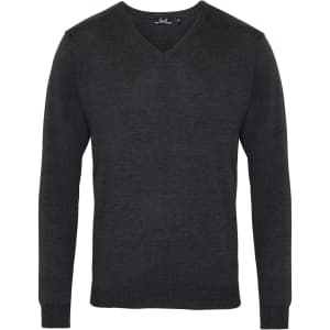 A dark grey V-neck sweater with long sleeves and a fitted design. The garment features a branding label.