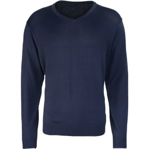 A navy V-neck sweater with long sleeves and a slim fit design. Features a simple, classic style.