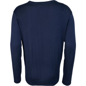 A navy blue V-neck sweater viewed from the back, featuring long sleeves and a simple design. It has a logo visible.