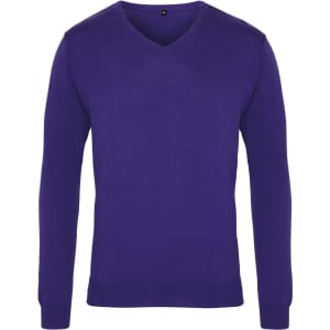 A purple V-neck sweater with long sleeves and a logo on the tag. The fabric appears smooth and untextured.