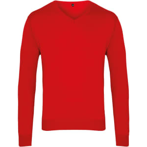 A bright red V-neck sweater with long sleeves and a fitted design, featuring a logo on the neckline.