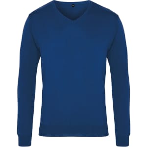 A blue V-neck sweater with long sleeves and ribbed cuffs. The design features a logo on the neckline.