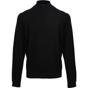 A black 1/4 zip sweater featuring long sleeves and a collar with a logo.