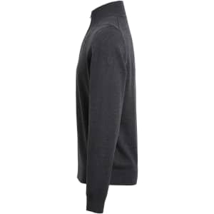 A grey 1/4 zip sweater viewed from the side, featuring long sleeves and a ribbed hem. It has a logo.