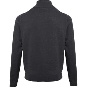 A dark grey 1/4 zip sweater with a simple design and ribbed hem, featuring a logo on the back.