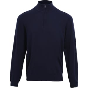 A navy 1/4 zip sweater featuring long sleeves and a high collar, with a logo on the chest.