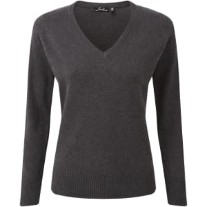 A women's dark grey V-neck sweater with long sleeves and a fitted design, featuring a branding label.