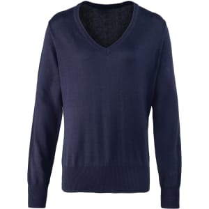 A navy women's V-neck sweater with long sleeves and a knitted texture. It features a ribbed hem and cuffs.