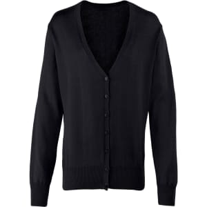 A black women's button cardigan with a V-neck and long sleeves, featuring a button-up front.