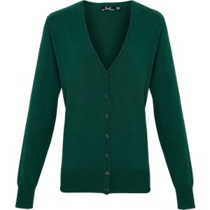 A green women's button cardigan featuring a V-neck and long sleeves, with buttons down the front.
