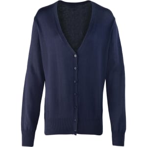 A women's button cardigan in navy blue with a V-neck and long sleeves. It features a row of buttons down the front.