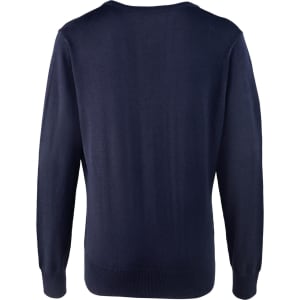 A navy women's button cardigan featuring long sleeves and a simple design, with a logo on the back.