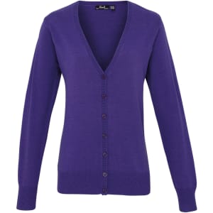 A women's purple button cardigan with long sleeves and a V-neckline. Includes a logo on the label.