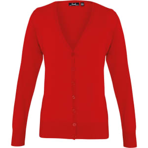 A red women's button cardigan made from soft fabric, featuring a v-neck and long sleeves. It has a logo on the label.