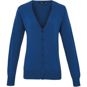 A women's button cardigan in a rich blue colour, featuring a V-neck and full-length sleeves.