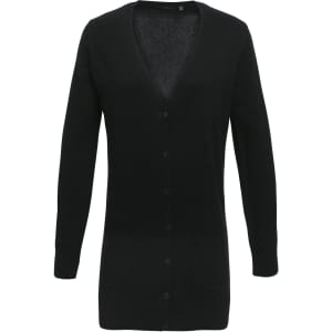 A black women's longline cardigan with a V-neck, long sleeves, and two front pockets. It features a button-up design.