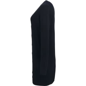 A longline cardigan in black, featuring a sleek side profile design and a subtle branding logo.