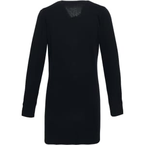 A black longline cardigan with long sleeves and a simple, elegant design. Features a back opening and has a logo.