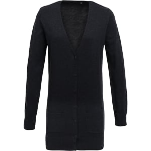 A women's longline cardigan in dark grey with a v-neck, button front, and front pockets.