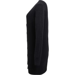 A longline cardigan in black, featuring long sleeves and a button-down front. It has a simple logo.
