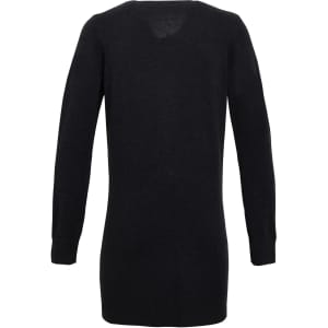 A longline cardigan in dark grey, featuring long sleeves and a V-shaped back design. It has a branding logo.