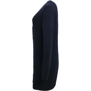 A women's longline cardigan in navy blue, featuring a sleek design and long sleeves. It has a logo on the side.