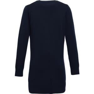 A women's longline cardigan in navy, featuring a sleek design and long sleeves. The garment has a logo on it.