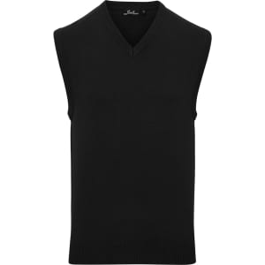 A sleeveless vest in black with a V-neck design and ribbed hem, featuring a logo on the label.