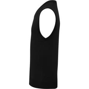 A black sleeveless vest displayed from the side, featuring a simple design and a subtle logo.