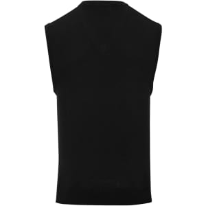 A sleeveless black vest with a simple design, showcasing a fitted silhouette and ribbed hem. It features a logo.